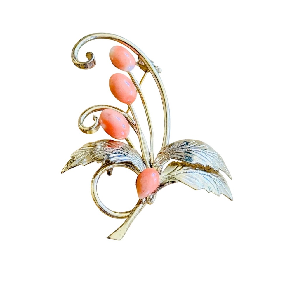 14k Gold Plated Floral Pin Brooch VTG Coral Cabochon Natural Bouquet 60s
